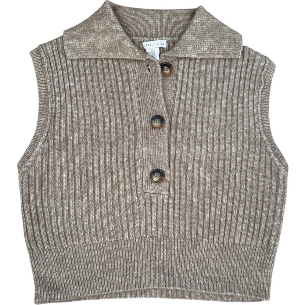Sincerely Jules Women S Tan Ribbed Knit Polo Collar Sweater Vest Cropped Brown